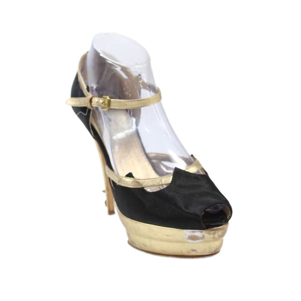 Miu Miu Womens Satin Platform Ankle Strap Heels Black Gold Size 38 8
